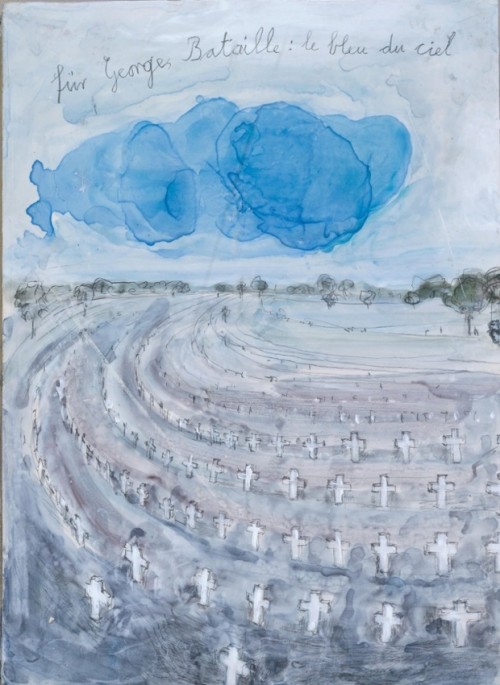 Illustration de "Le bleu du ciel" par l'artiste plasticien  allemand Anselm Kiefer. Evocation de la scène d'amour dans le cimetière d'Allemagne où la terre est "ouverte comme une tombe" et où le ventre nu de son amante "s'ouvre comme une tombe fraiche".