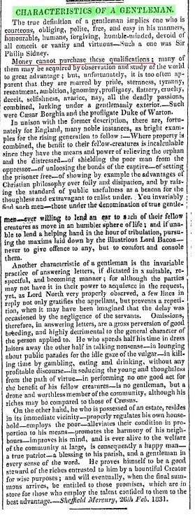 CHARACTERISTICS OF A GENTLEMAN The Derby Mercury -Derby England - Wednesday March 16 1831 Issue 5149.