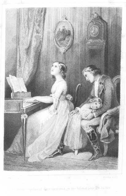 Werther se languissant d'amour auprès de sa dulcinée Charlotte jouant du clavecin "avec la douceur d'un ange". Vignette de Tony Johannot, Crapelet 1845