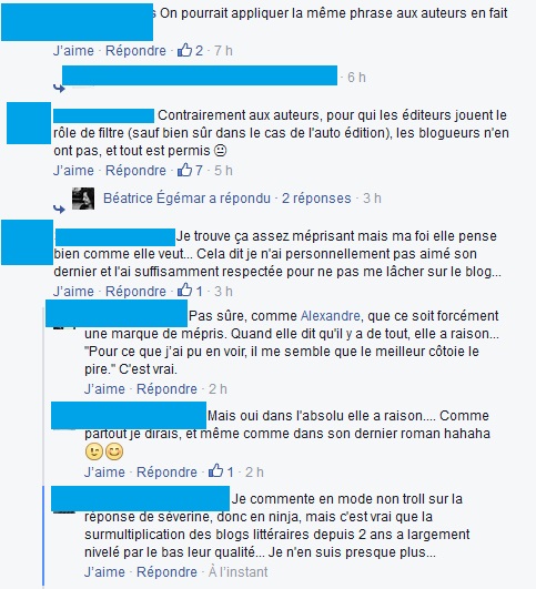 Réactions des blogueurs sur Facebook (identités des intervenants masqués par respect de la confidentialité)