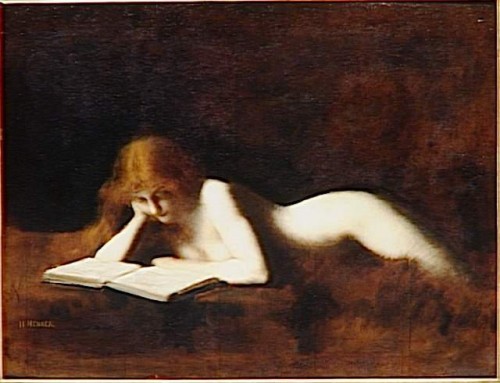 "La liseuse" par Jean-Jacques Henner. La nudité de la lectrice évoque un coprs-à-corps avec le texte et renvoie à l'association de la lecture avec la sexualité qui était  donc réprouvée par les moralistes. 